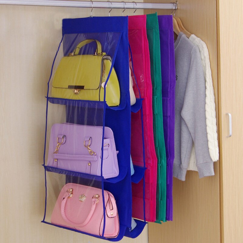 6 Pocket Hanging Handbag Organizer for Wardrobe Closet Transparent Storage Bag Door Wall Clear Sundry Shoe Bag with Hanger Pouch