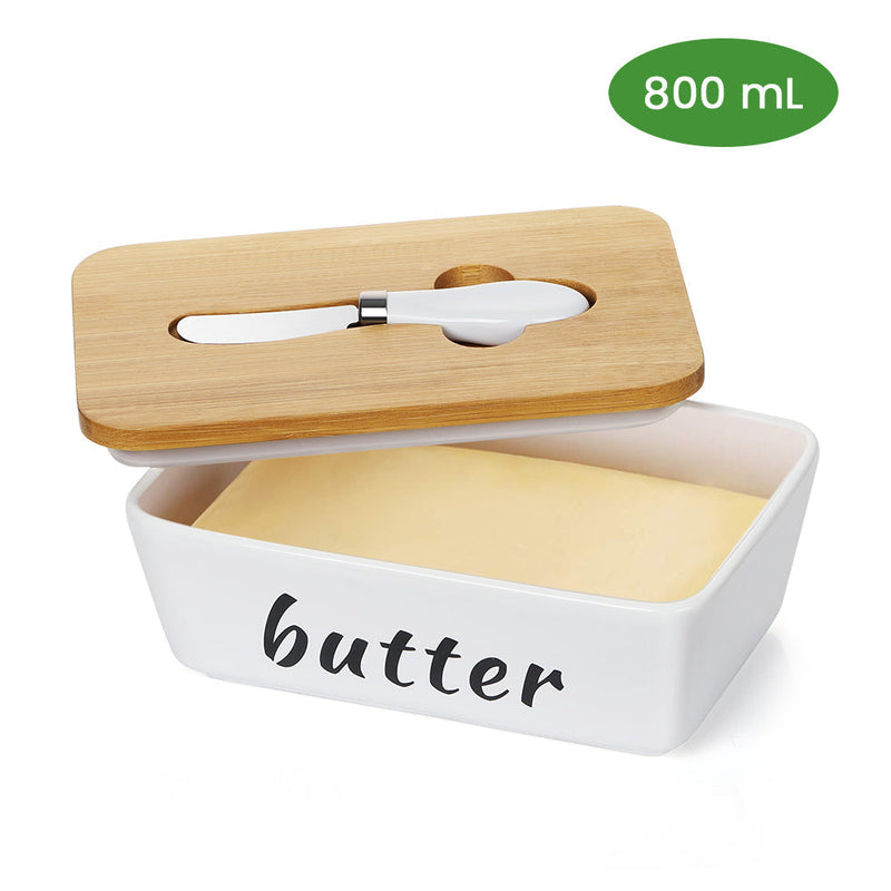 Porcelain Butter Dish Box Wooden Lid Deep Storage Tray Ceramic Gift Set Covered