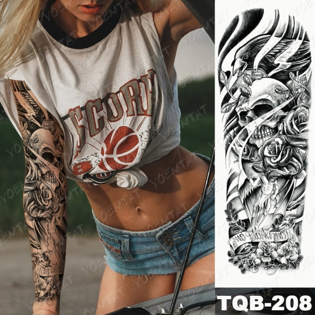 Large Arm Sleeve Tattoo Gun Rose Lion Waterproof Temporary Tatto Sticker Clock Flower Waist Leg Body Art Full Fake Tatoo Women