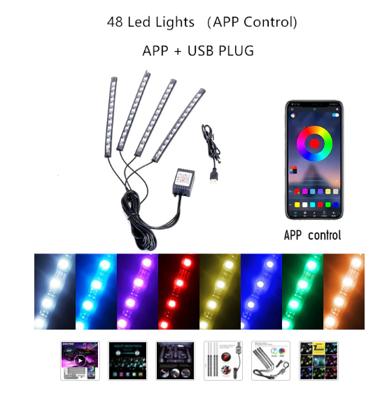 Car Interior Light RGB LED Decorative Light Strip With USB Wireless Remote Music Control Multiple Modes Car Foot Light