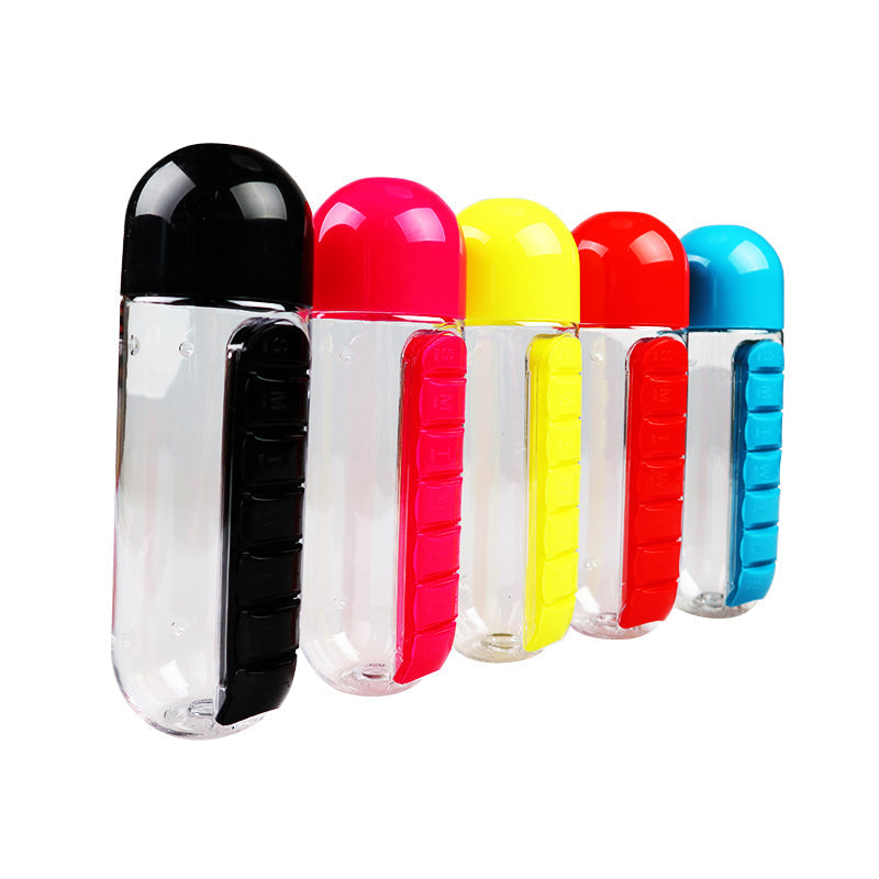 600ml 2 in 1 Pill Box Water Bottle Outdoor 7 Compartments Medicine Organizer With Drinking Bottle Portable Carrying Tablet