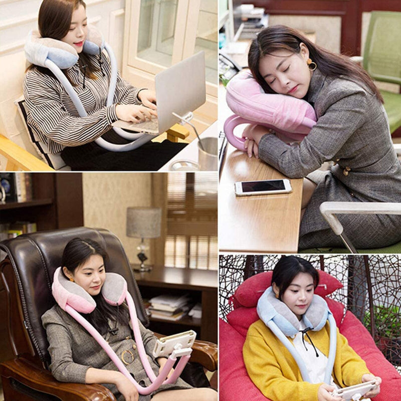 U Shaped Pillow Neck Rest Soft Cushion with Adjustable Phone Holder Bracket Mobile Phone Holder Neck Support Pillow Car ChairBed