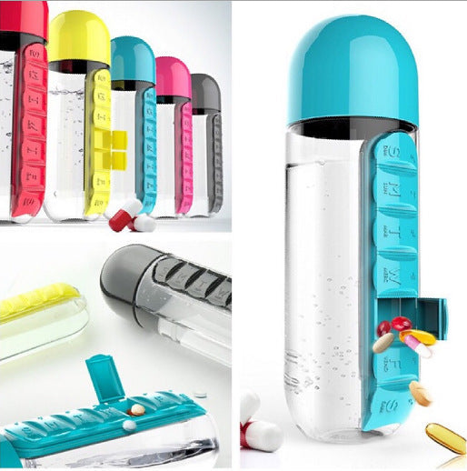 600ml 2 in 1 Pill Box Water Bottle Outdoor 7 Compartments Medicine Organizer With Drinking Bottle Portable Carrying Tablet