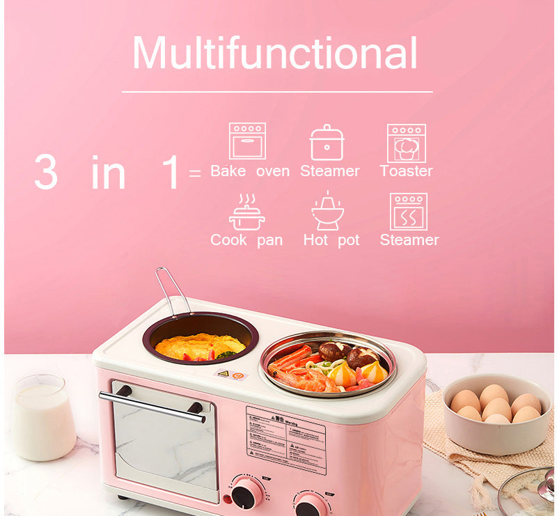 Electric 3 in 1 Household Breakfast machine mini bread toaster baking oven omelette fry pan hot pot boiler food steamer