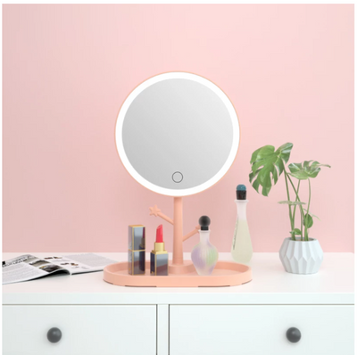 LED Makeup Mirror With Light Ladies Storage Makeup Lamp Desktop Vanity Mirror Round Shape Cosmetic Mirrors Women