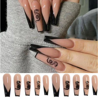 24pcs/Box Long Coffin False Nails with Dragon Pattern Design Ballerina Manicure Patches Press On Nails Full Cover Nail Tips