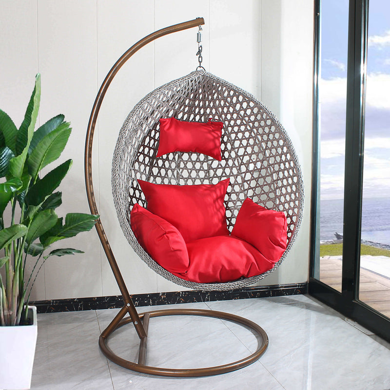 Hanging Egg Chair Rattan Pattern - Grey Basket & Red Cushion