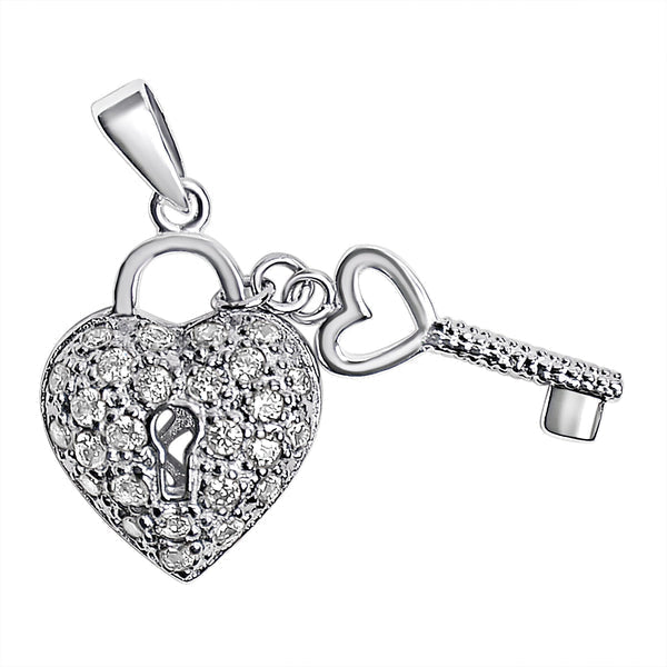 Sterling Silver CZ Heart Lock And Key Pendant