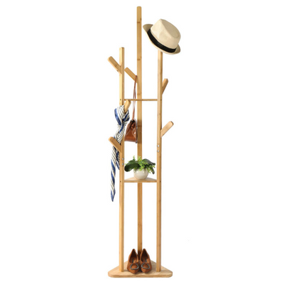 Clothes Garment Coat Rack Stand Wooden Tree Hanger Bag Hat Hook Holder Shelf