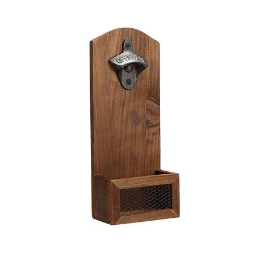 Beer Bottle Opener Drink Cap Catcher Wooden Iron Wall Mounted