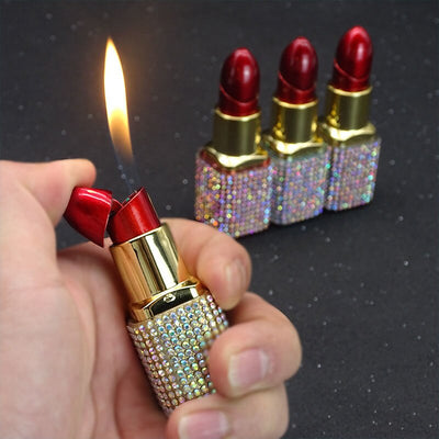 Creative Diamond Lipstick Windproof Press Type Butane Inflatable Lighter Ladies Pink Flame Lighter Cute Girl Gift