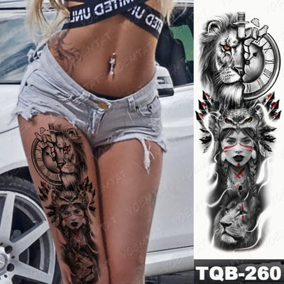 Large Arm Sleeve Tattoo Gun Rose Lion Waterproof Temporary Tatto Sticker Clock Flower Waist Leg Body Art Full Fake Tatoo Women