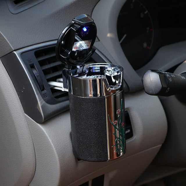 Portable LED Light Ashtray Universal Cigarette Cylinder Holder Carbon Fiber Car Ashtray