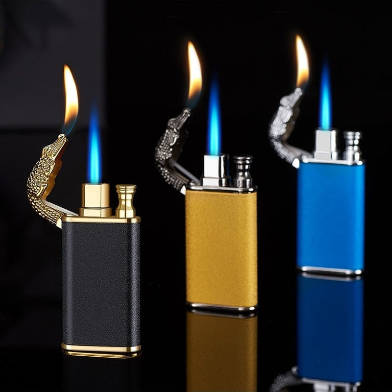 Creative Metal Double Flame Lighter Inflatable Windproof Jet Turbo Cigarette Tiktok Lighter Gas Butane Smoking Gadgets for Men