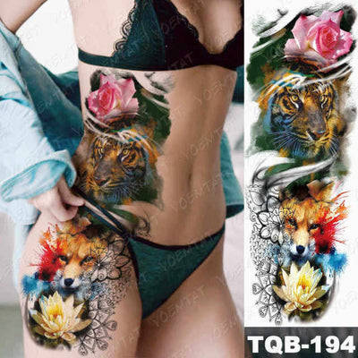 Large Arm Sleeve Tattoo Gun Rose Lion Waterproof Temporary Tatto Sticker Clock Flower Waist Leg Body Art Full Fake Tatoo Women