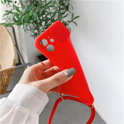 Necklace Strap Rope Lanyard Silicone Case For iPhone 13 Pro Max 12 11 XR XS X Mini SE 7 8 Plus Push Pull Camera Protection Cover