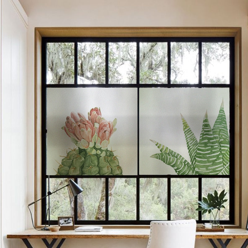 Window Privacy Film Vinyl Glass Sticker Non-Adhesives Window Clings Static Cling Window decor Decal Cactus Plants