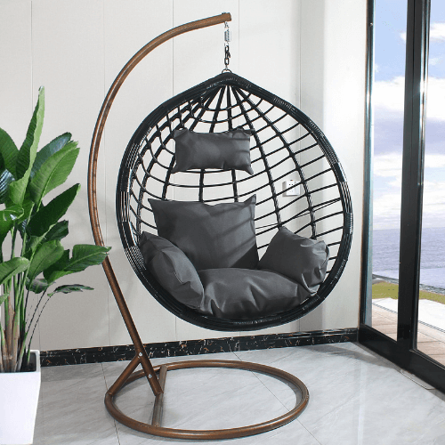 Hanging Egg Chair Stripe Pattern -  Black Basket & Grey Cushion