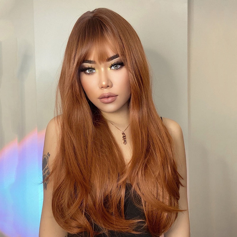 GEMMA Red Brown Copper Ginger Long Straight Synthetic Wigs for Women Natural Wave Wigs with Bangs Heat Resistant Cosplay Hair