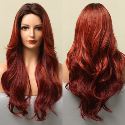 GEMMA Red Brown Copper Ginger Long Straight Synthetic Wigs for Women Natural Wave Wigs with Bangs Heat Resistant Cosplay Hair