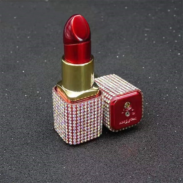 Creative Diamond Lipstick Windproof Press Type Butane Inflatable Lighter Ladies Pink Flame Lighter Cute Girl Gift