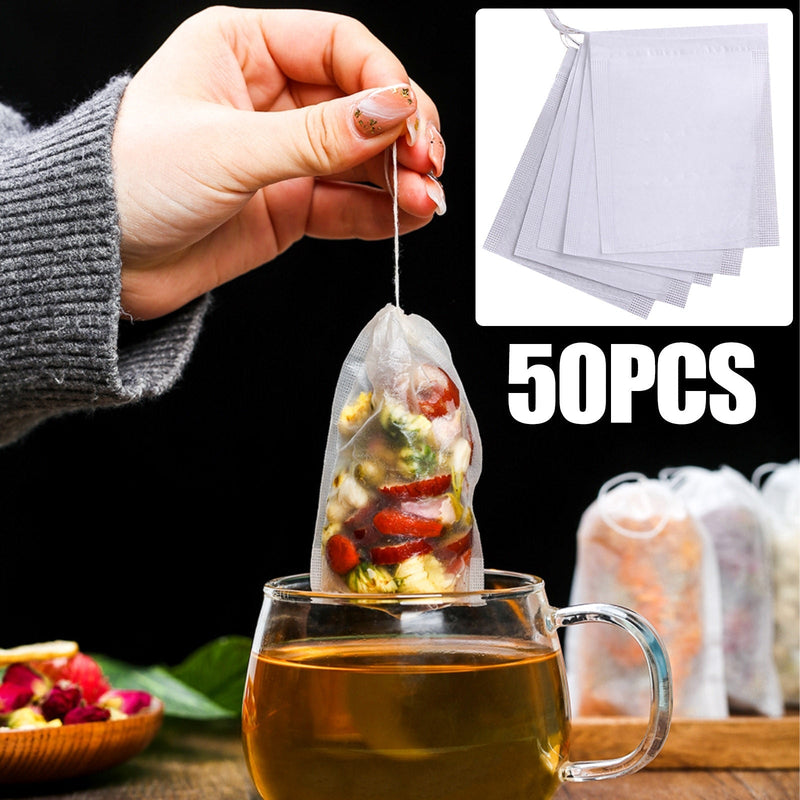 【Filter bag】50Pcs Food Grade Tea Bag non-woven drawstring filter bag used to make tea soup seasoning bag filter Kitchen Supplies