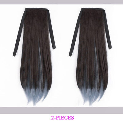 【Wig】Ponytail synthetic Straight women's hair extension clip wavy curly hair long ponytail wig gradient brown blue blonde hair style Ponytail Hairpiece Synthetic Hair