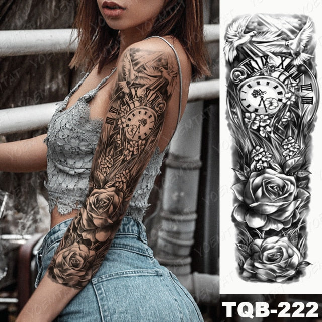 Large Arm Sleeve Tattoo Gun Rose Lion Waterproof Temporary Tatto Sticker Clock Flower Waist Leg Body Art Full Fake Tatoo Women