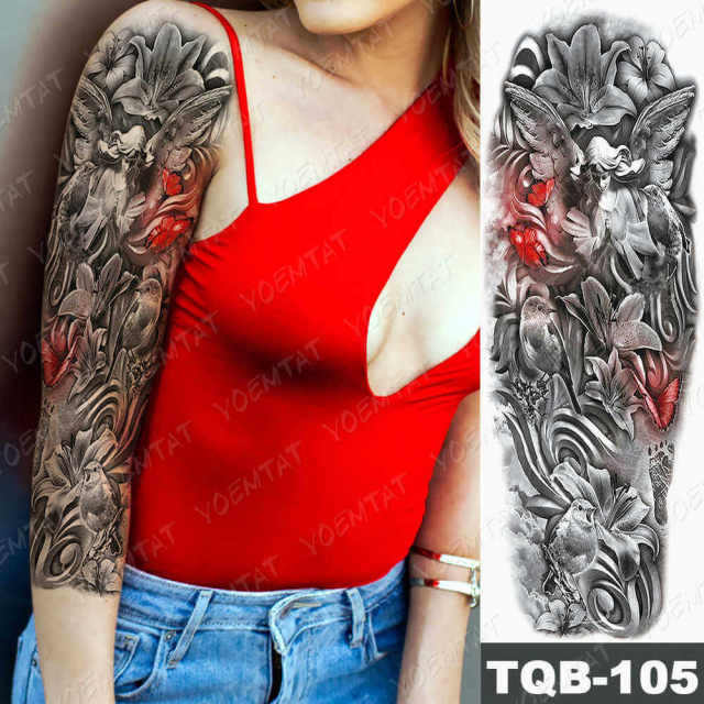 Large Arm Sleeve Tattoo Gun Rose Lion Waterproof Temporary Tatto Sticker Clock Flower Waist Leg Body Art Full Fake Tatoo Women