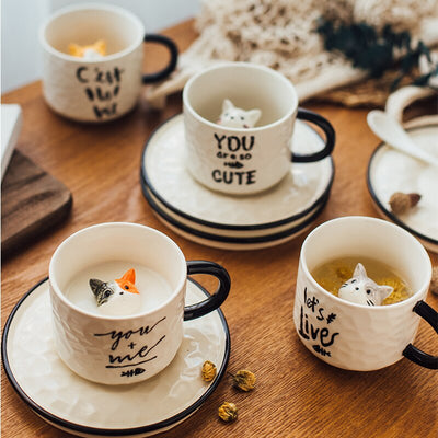 Creative Cartoon Embossed Ceramic Mug Small Animal Mug Cat Coffee Cup With Saucer Household Milk Cup Gift