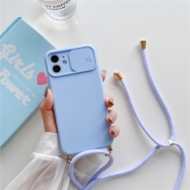 Necklace Strap Rope Lanyard Silicone Case For iPhone 13 Pro Max 12 11 XR XS X Mini SE 7 8 Plus Push Pull Camera Protection Cover