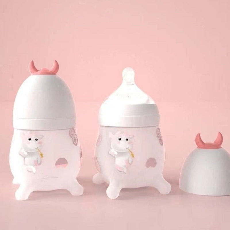 【Easily Weaning】Silicone Baby Bottles Wide-Bore Babies Anti-Flatulence Bottles Cute Cow Cartoon Newborn Baby Feeding Bottle Outdoor Water Cup