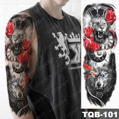 Large Arm Sleeve Tattoo Gun Rose Lion Waterproof Temporary Tatto Sticker Clock Flower Waist Leg Body Art Full Fake Tatoo Women