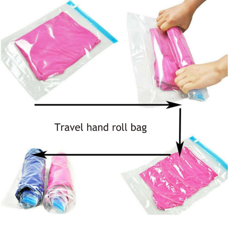 Boxi Hand Rolling Compression Vacuum Bag For Clothes Storage Bag Transparent Plastic Travel Organizer Clothes Seal Storage Bags