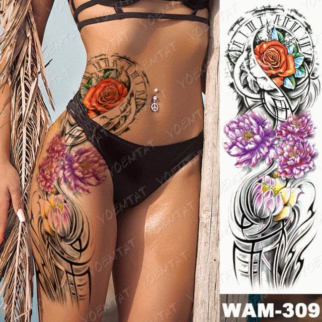 Large Arm Sleeve Tattoo Gun Rose Lion Waterproof Temporary Tatto Sticker Clock Flower Waist Leg Body Art Full Fake Tatoo Women