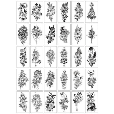 30pcs/Set Women Temporary Tattoo Sticker Black Rose Fake Tatoo Body Hands Arm Leg Flowers Tattos Tatouage Temporaire Femme