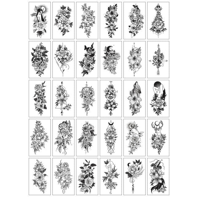 30pcs/Set Women Temporary Tattoo Sticker Black Rose Fake Tatoo Body Hands Arm Leg Flowers Tattos Tatouage Temporaire Femme