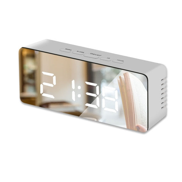 Electronic Alarm Clock Noiseless Design Digital LED Large Display Mirror Power off Memory Function AAA Not Batteries Glow Clock