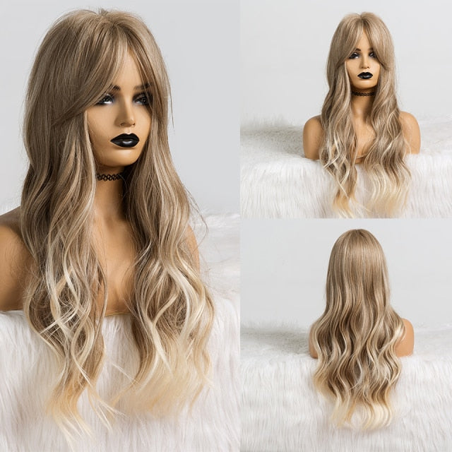 GEMMA Red Brown Copper Ginger Long Straight Synthetic Wigs for Women Natural Wave Wigs with Bangs Heat Resistant Cosplay Hair