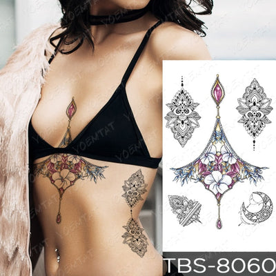 Waterproof Temporary Tattoo Sticker Chest Lace Henna Mandala Flash Tattoos Wolf Diamond Flower Body Art Arm Fake Tatoo Women Men