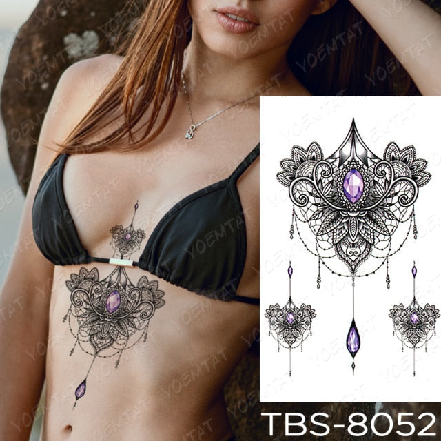 Waterproof Temporary Tattoo Sticker Chest Lace Henna Mandala Flash Tattoos Wolf Diamond Flower Body Art Arm Fake Tatoo Women Men