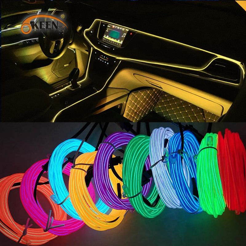 Okeen 1m/2m/3m/5m Neon LED Car Interior Lighting Strips Auto LED Strip Garland EL Wire Rope Car Decoration lamp Flexible Tube