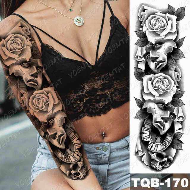 Large Arm Sleeve Tattoo Gun Rose Lion Waterproof Temporary Tatto Sticker Clock Flower Waist Leg Body Art Full Fake Tatoo Women