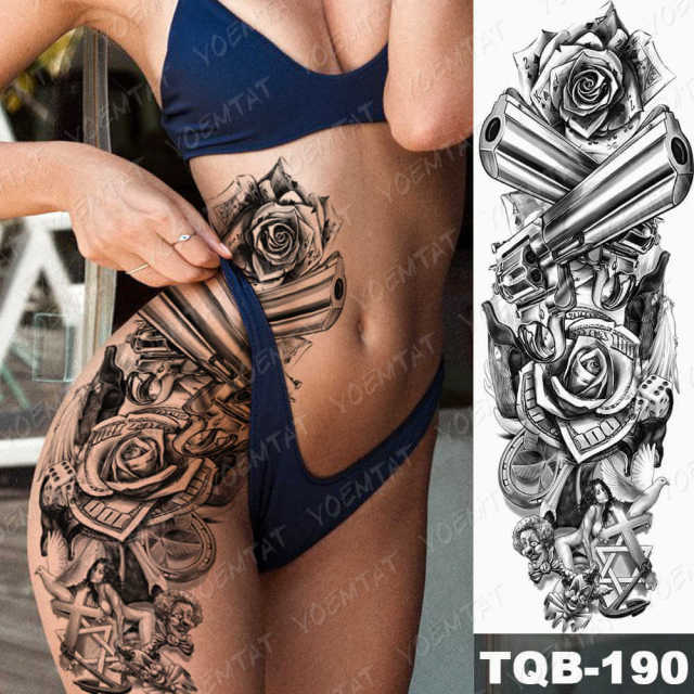 Large Arm Sleeve Tattoo Gun Rose Lion Waterproof Temporary Tatto Sticker Clock Flower Waist Leg Body Art Full Fake Tatoo Women