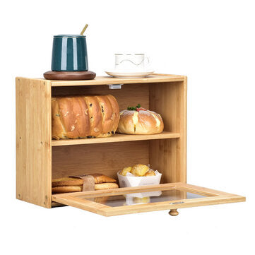 2 Tier Kitchen Wooden Bamboo Bread Bin Storage