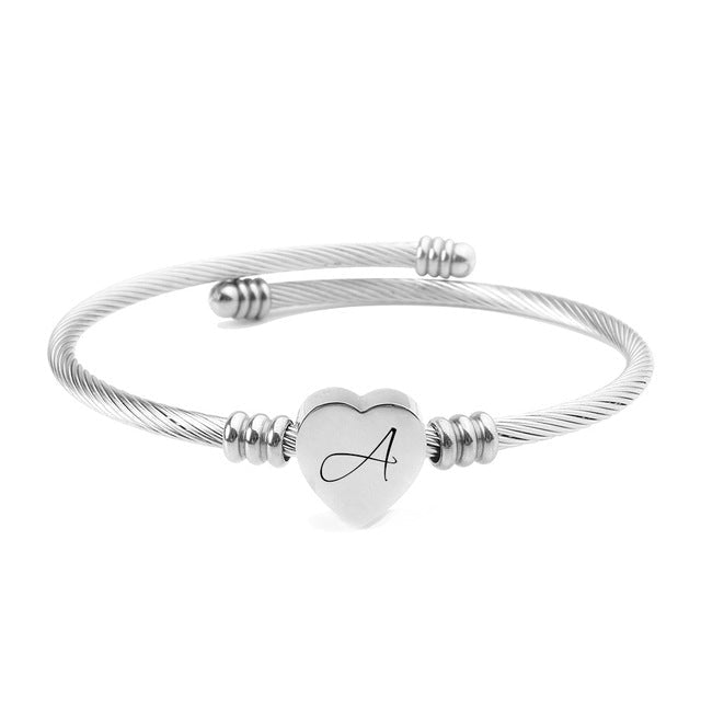 Stainless Steel Bangle 26 Letter Heart Bangle Charm Girls Lady Jewelry Birthday Party Banquet Gifts Fashion Bangle