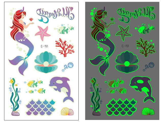 Tattoo Stickers Luminous Child Kid Temporary Fake Tattoos Glow Paste on Face Arm Leg for Children Body Art Mermaid Sticker