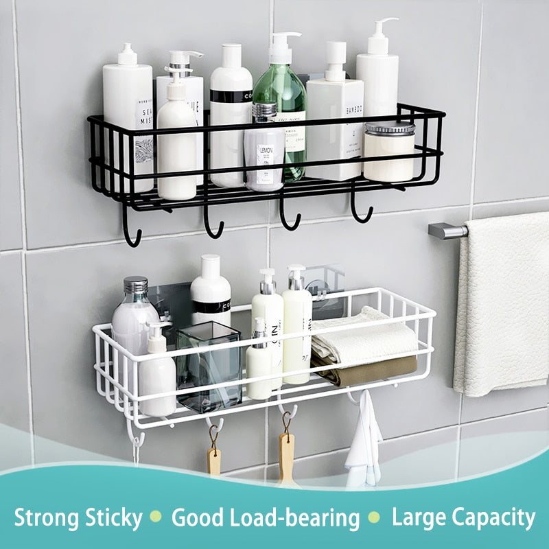 Wall Mounted Bathroom Shelves Floating Shelf Shower Hanging Basket Shampoo Holder WC Accessories Kitchen Seasoning Storage Rack