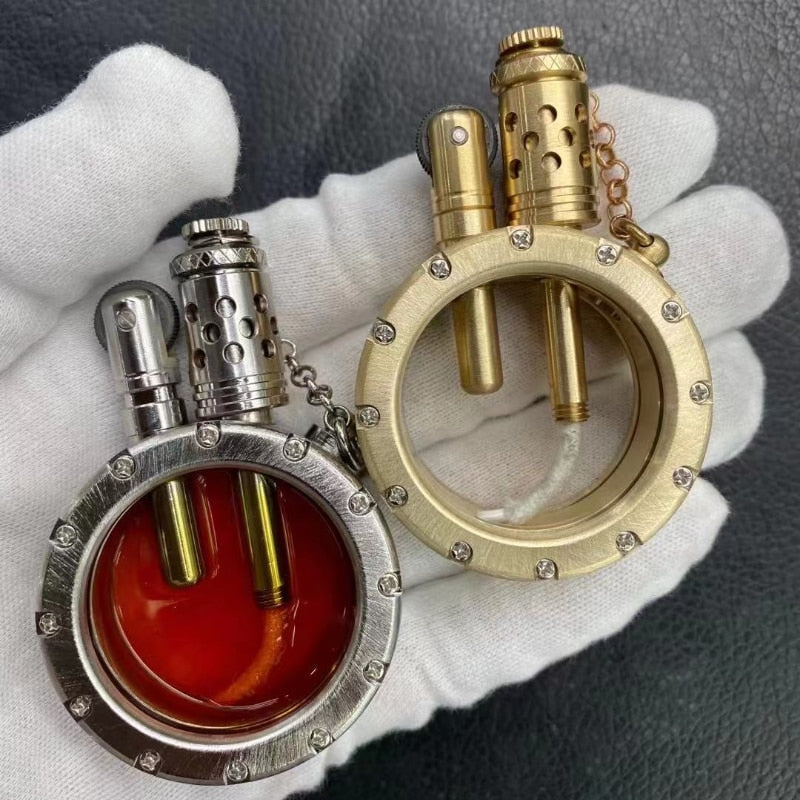 Handmade Pure Copper Gasoline Lighter Quartz Visible Transparent Oil Tank Lighters Portable Round Collection Gift for Man