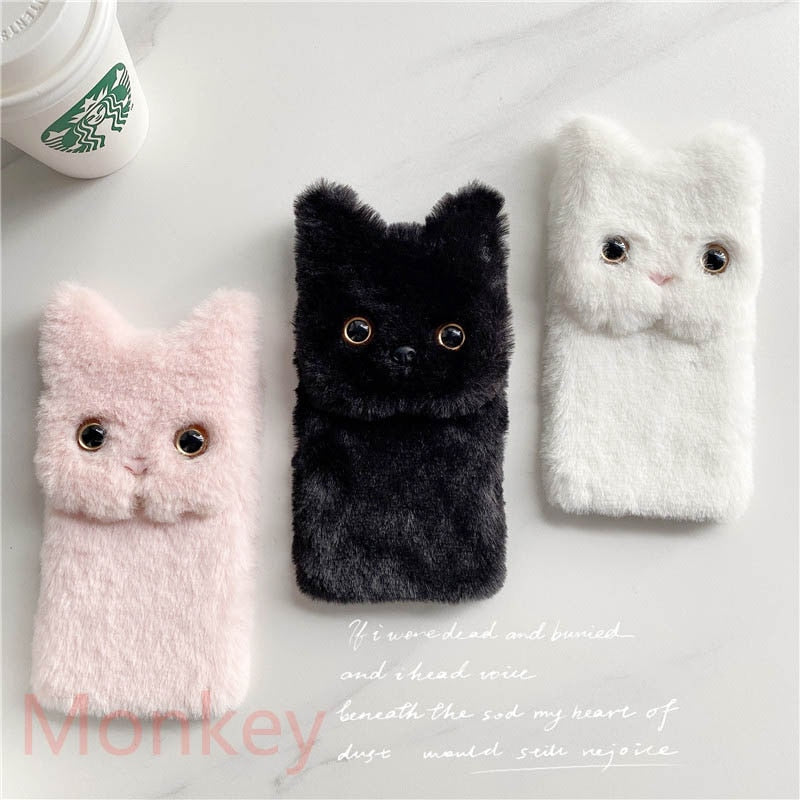 Fur Plush 3D Cat Ears Phonecase For Xiaomi Redmi Note 10 Pro Max 9 8 7 6 pro 10S 9S 9T 9A 9C 8T 8A 7A 6A Fluffy Furry Stand Case